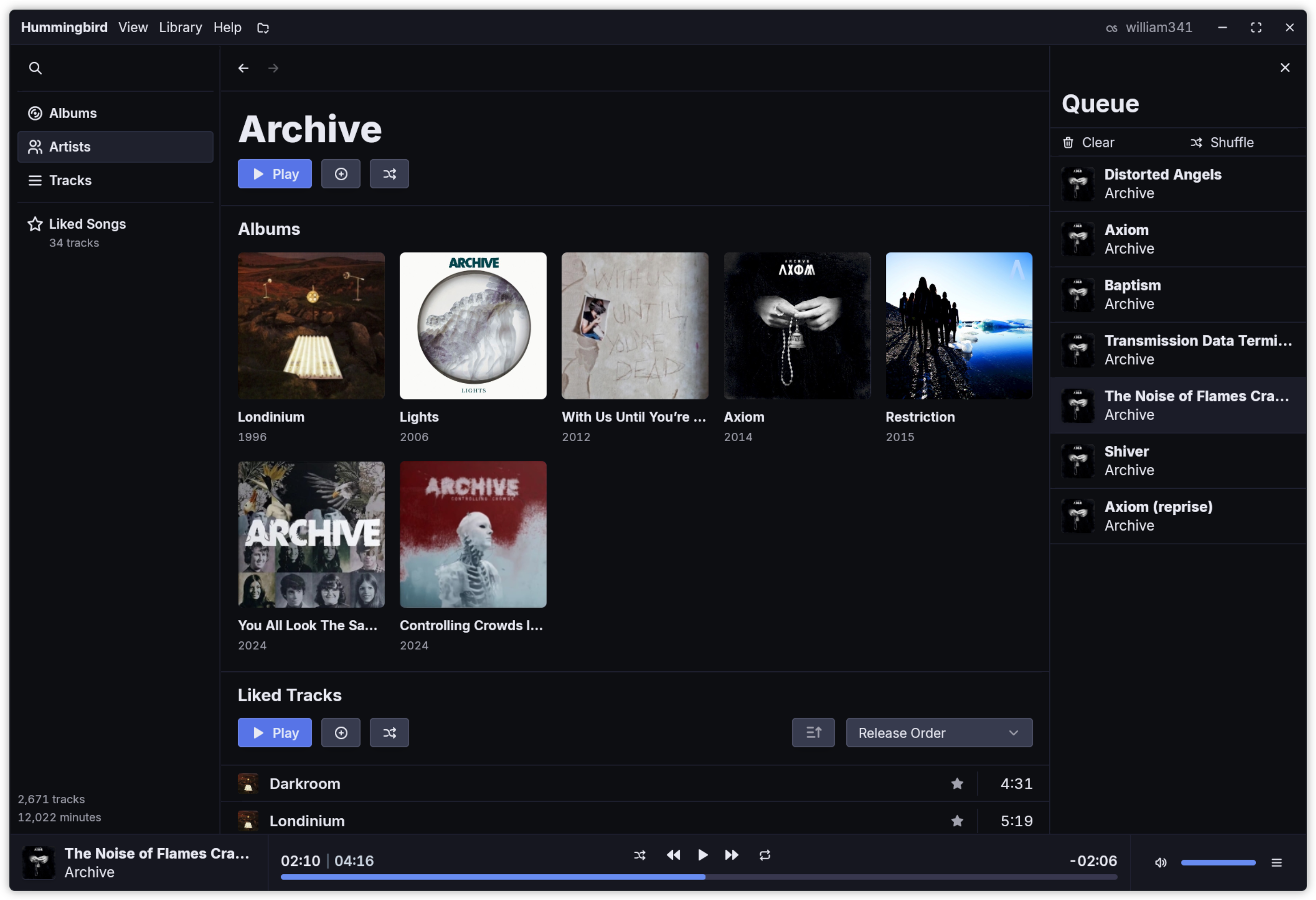 Picture of the page for the artist Archive. On the page is the artist's albums and liked songs.
