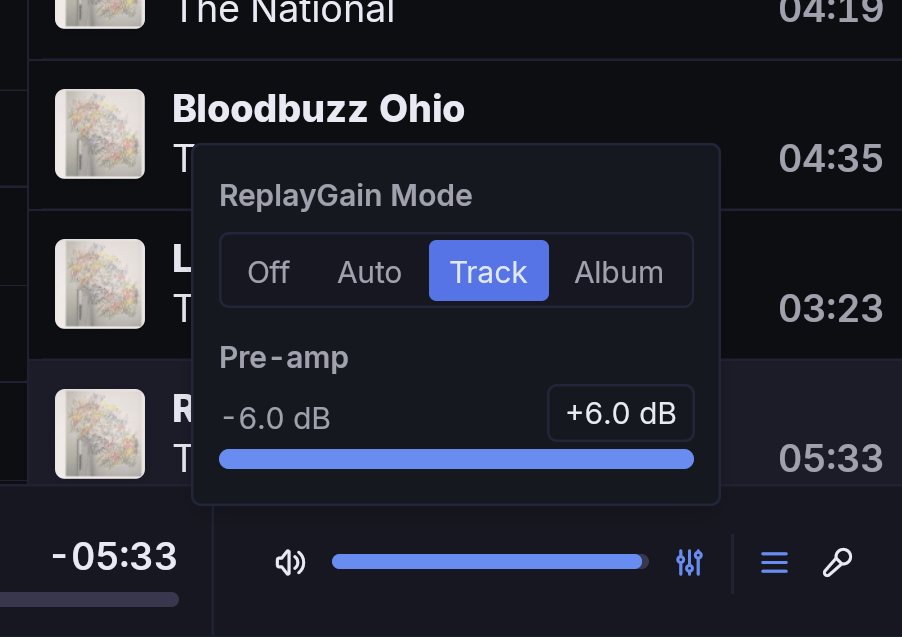 The ReplayGain settings