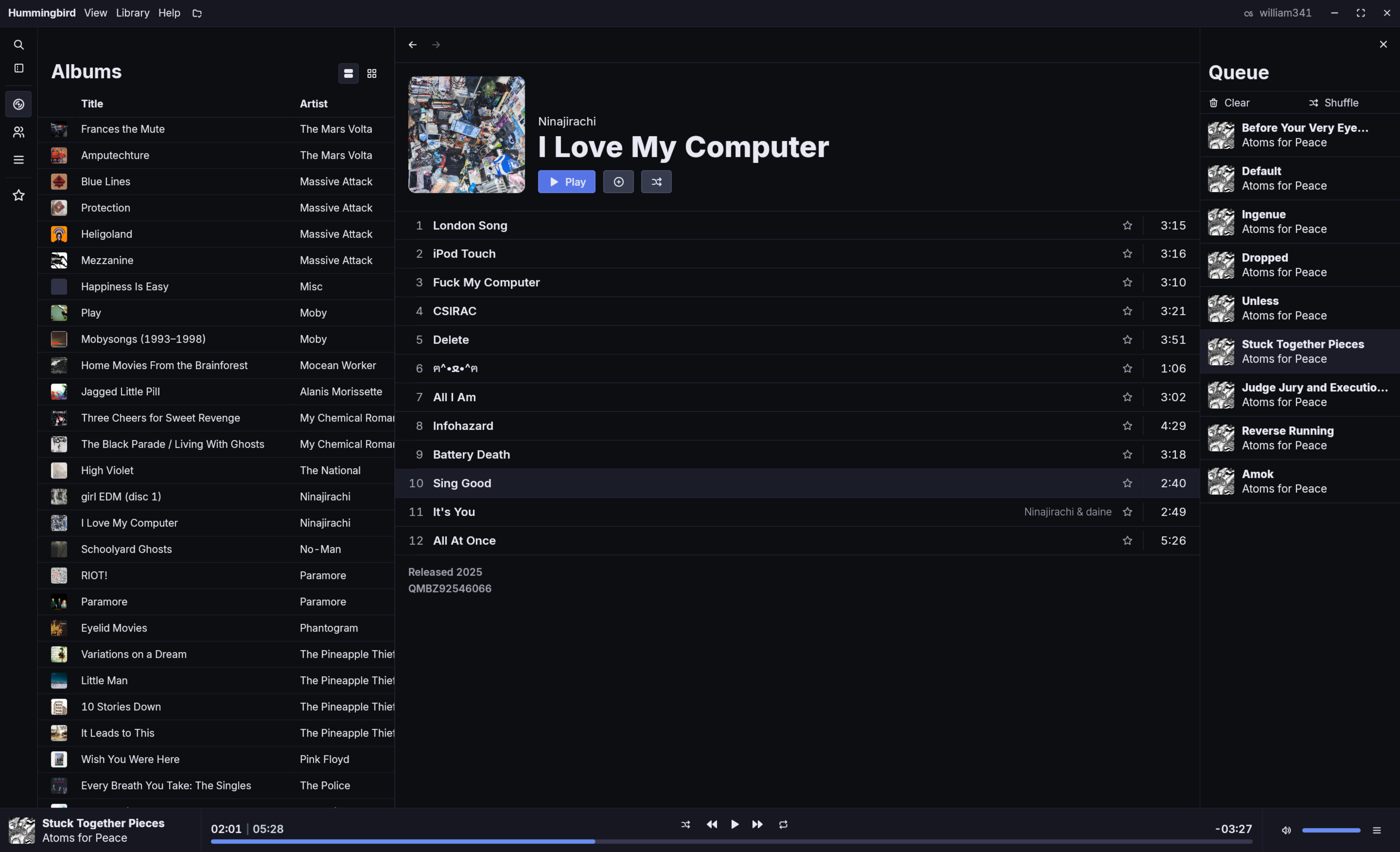 A screenshot of a split two-column view with a list of albums on the left side and Ninajirachi's "I Love My Computer" on the right.